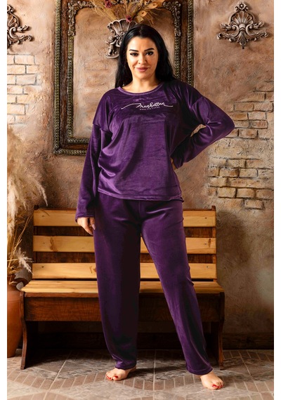 Nisanca Büyük Beden Kadife Kadın Pijama Takımı - Süper Soft Kadife Mor