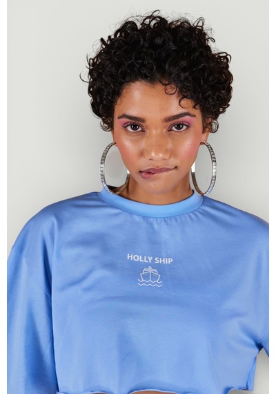 Holly Lolly Bisiklet Yaka Holly Crop Tshirt Mavi