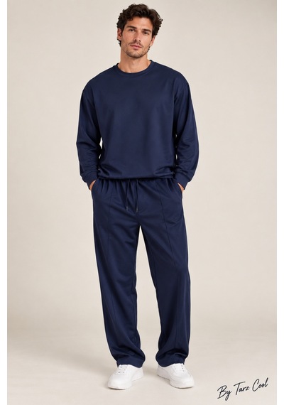 Tarz Cool Erkek Oversize %100 Oyşo Bisiklet Yaka Sweatshirt Bol Paça Alt Üst Takım Lacivert