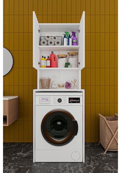 Asra Trend - Çamaşır Makinesi Üstü Banyo Dolabı BD-01 - %100 MDF - İki Kapaklı Organizer Raf - Beyaz