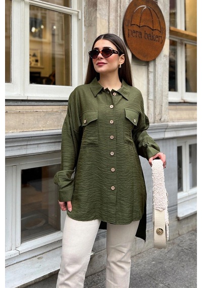 WeShaya Kadın Haki Balon Kol, Pileli, Yırtmaçlı, Oversize, Keten Tunik Gömlek Haki