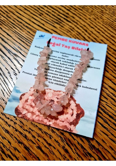 Gümüştel El Sanatları Sertifikalı Doğal Kırık Taş Pembe Kuvars Taşı Bileklik Asansörlü Kilit Sistemi Pembe
