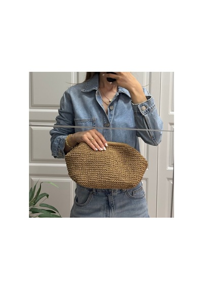 İçi Astarlı Hasır Clutch Örme Burslu Günlük Şık El Çantası