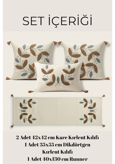 Olivea 4 Lü Punch Nakışlı Botanik Kırlent & Runner Seti 2 Kare + 1 Dikdörtgen Kırlent Kılıfı + 1 Runner Amerikan Servis Kahverengi