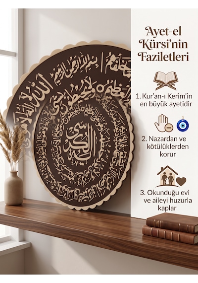Özel 3d Tasarım Ayet-el Kürsi Plaketi - Standlı İslami Kaligrafi Masa Üstü Ve Duvar Dekoru 20x20 Cm 20x20x1cm