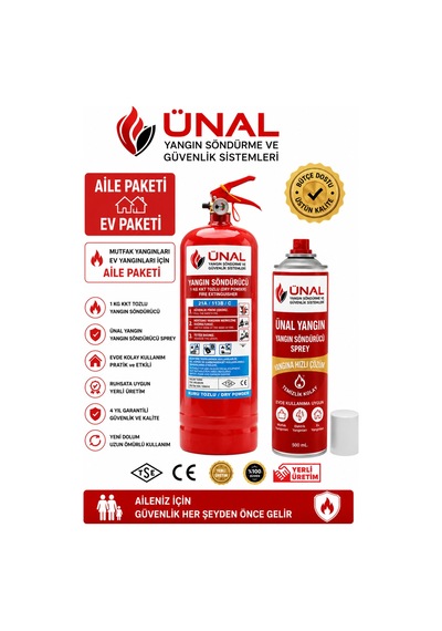 Aile Paketi 1 Kg Kkt Yangın Söndürme Tüpü + 500 Ml Yangın Söndürme Spreyi Ev Ve Mutfak