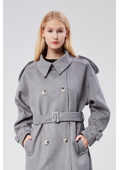 Kuşaklı Oversize Kaşe Kaban Gri