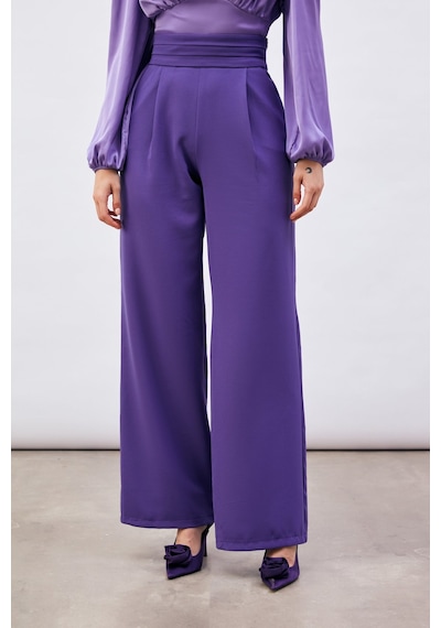 Sateen Bel Detaylı Cepli Pantolon - Mor