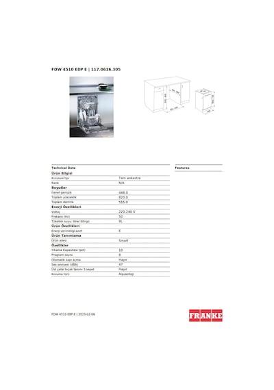 Franke FDW 4510 E8P E 8 Programlı 10 Kişilik Ankastre Bulaşık Makinesi