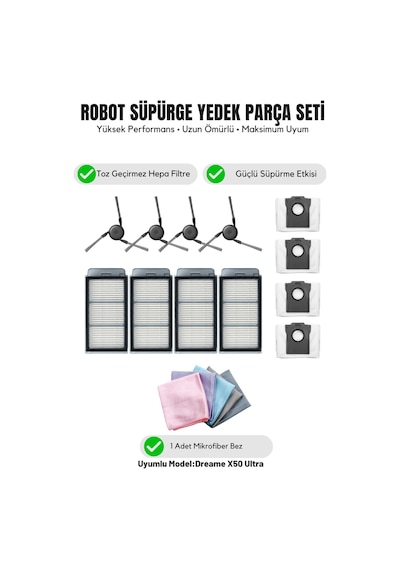Dreame X50 Ultra İle Uyumlu 4 Yan Fırça 4 Filtre 4 Toz Torbası 1 Temizlik Bezi 14.0