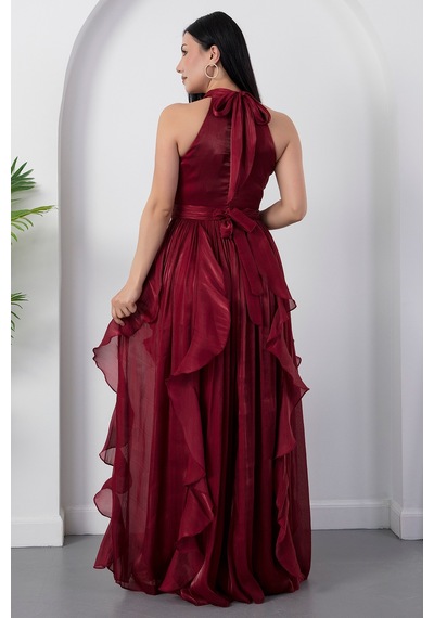 Kalopya Halter Yaka Eteği Fırfırlı Saten Elbise Eli6073 Bordo