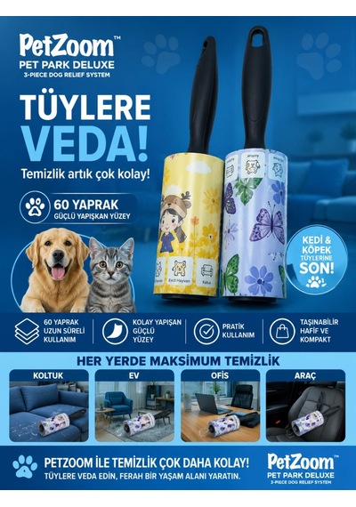 Petshop 60 Yaprak Tüy Toplama Rulosu Kedi Köpek Tüy Toplayıcı Ev Koltuk Araç Ofis Temizlik Rulosu