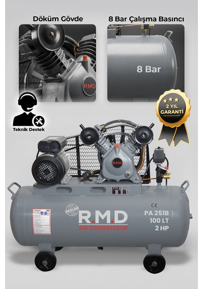 R.m.d Kompresör PA251B 100 Lt 2 Kafa 8 Bar 2 Hp Pistonlu Hava Kompresörü