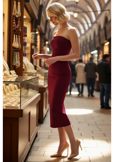 Benerly Kadın Straplez Bodycon Maxi Elbise Kolsuz Derin Yırtmaçlı Poplin Bordo