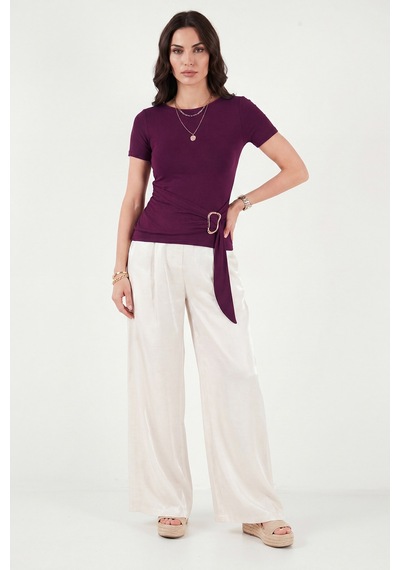 Lela Toka Detaylı Fitted Fit Kayık Yaka Bluz Bayan Bluz 5862707 Mürdüm