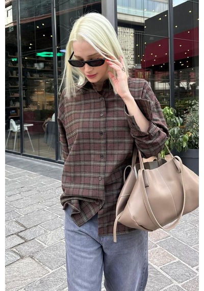 Seeh Kahverengi Oversize Ekose Desenli Kadın Gömlek Sh334 Ekoseli