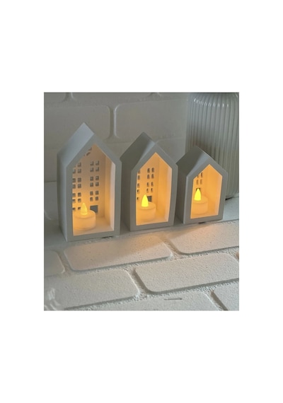 3 Lü Kış Evi 3 Adet Pilli Tealight Mumluk Dahil 21cm-19cm-16 Cm