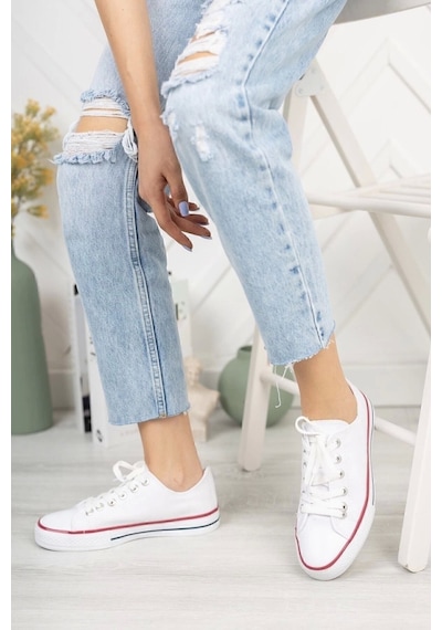 Unisex Spor Ayakkabı Beyaz Kısa Keten Sneaker Beyaz