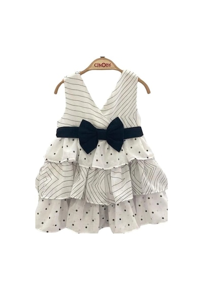 Çikoby Kız Bebe İçi Pamuk Astarlı Puantiyeli Çizgili Elbise-13889 Siyah
