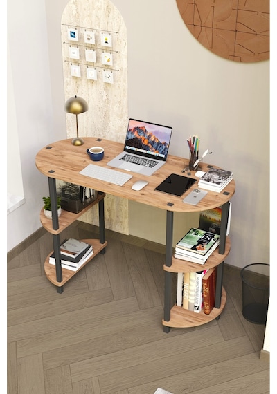 Soft Oval Çalışma Masası Çok Raflı Bilgisayar Masası Modern Ofis Ve Ev Çalışma Masası Meşe Soft Oval Çalışma Masası Çok Raflı Bilgisayar Masası Modern Ofis Ve Ev Çalışma Masası Meşe