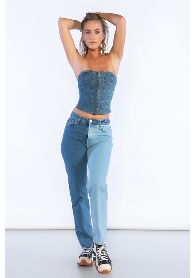 Mavi Yüksek Bel Çift Renk Detaylı Mom Jeans-mavi Mavi