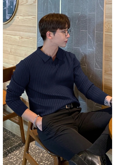 Cool Tarz Erkek Polo Yaka Triko Kazak Slim Fit Fitilli Lacivert