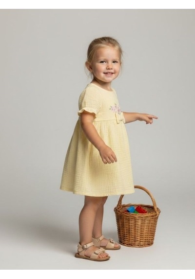 Zekids Kız Bebek Müslin Kumaş Çiçek Nakışlı Elbise-17288 Sarı