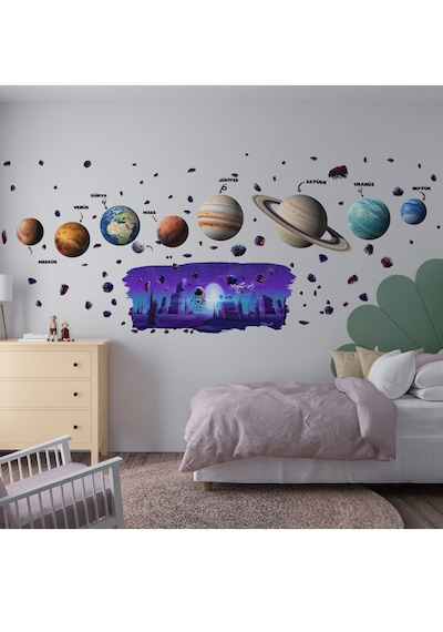 Uzay Temalı Çocuk Odası Duvar Sticker Seti Astronot, Gezegenler & Asteroit 01