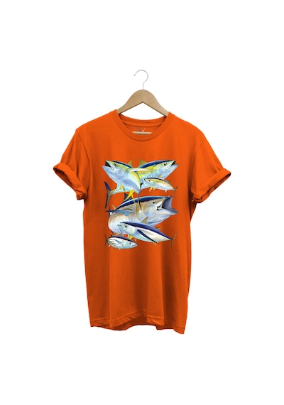 Balık Desenli Gümüş Balığı Baskılı %100 Pamuk Regular Fit Bisiklet Yaka Turuncu T-shirt Turuncu