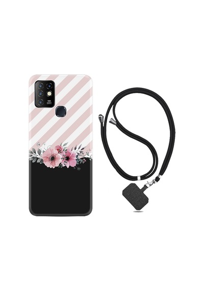 Infinix Hot 9 Kılıf Boyun Askılı Strip Pink Flowers 1396