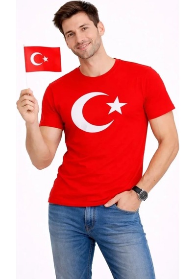 Suma Erkek T-shirt Kısa Kol Bisiklet Yaka Ay Yıldız Bayrak Baskılı Tişört - Kırmızı