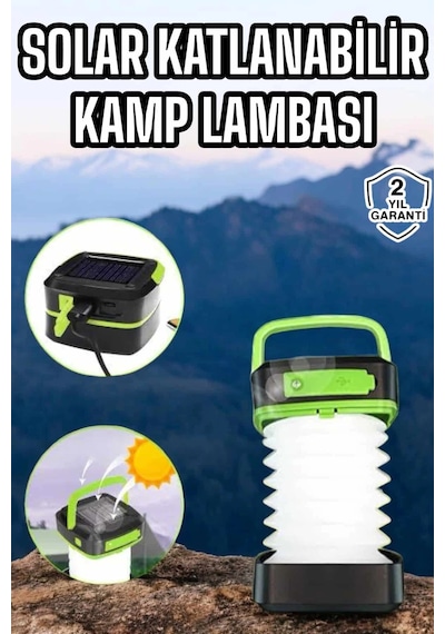 Güneş Enerjili Led Lamba Kamp Lambası Katlanabilir Lamba Usb Şarjlı Yeşil
