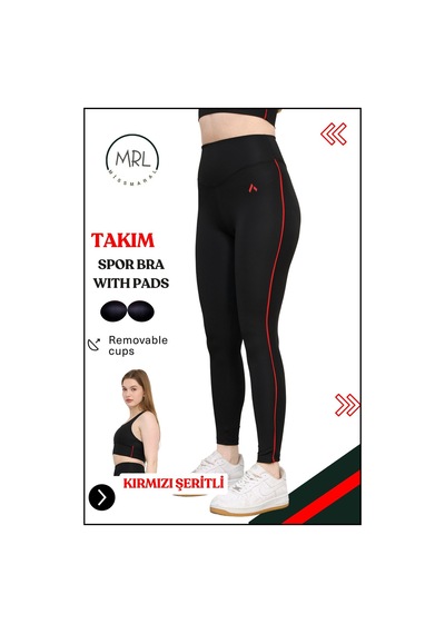 Missmaral Kadın Spor Takım Yüksek Bel Tayt Pedli Büstiyer Sport Team High Waist Padded Bustier Black 3048 Siyah Kırmızı