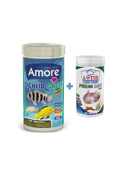 Cichlid Green Granules 1L ve Spirulina Garlic 250ml Ciklet Yemi