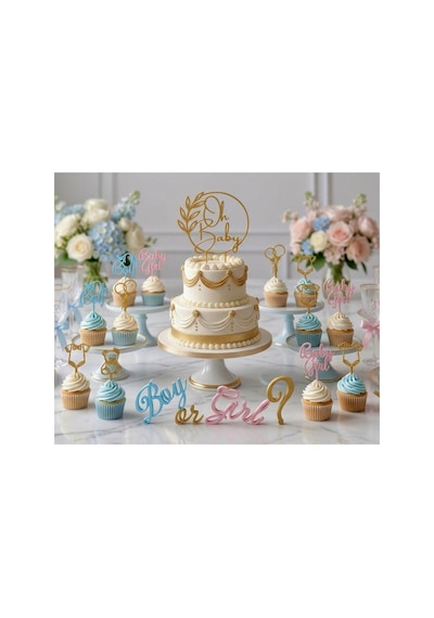 20 Parça Baby Shower Temalı Cinsiyet Belirleme Partisi Pasta Süsü Seti Dekoratif
