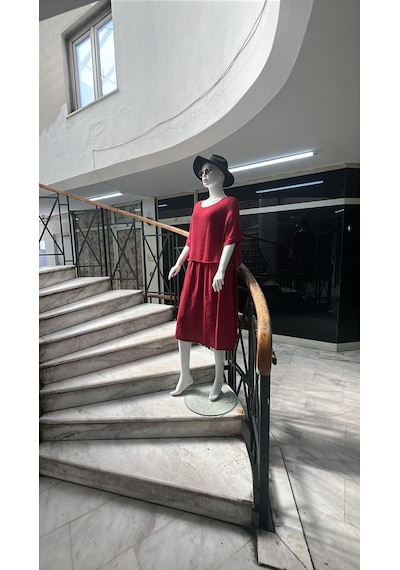 Eren Style İtalyan Müslin Keteni Üstü File Bluzlu Astarlı Tek Parça Elbise-9256 Bordo