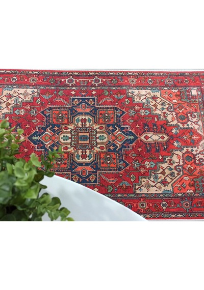 Eskitme Madalyon Desenli Kiremit Ve Lacivert Vintage Salon Halısı - 11428ou Kırmızı