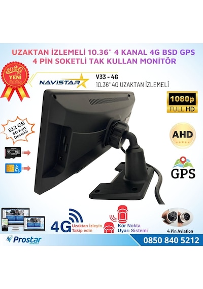 Uzaktan İzlemeli 10.36 İnç Dokunmatik 4 Kanal 4g Gps Bsd Kör Nokta Uyarı Sistemli Monitör