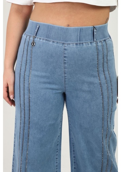 Büyük Beden Denim Taşlı Yüksek Bel Bol Paça Kadın Pantolon Mavi