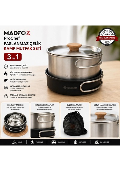 Madfox Prochef 3ın1 Paslanmaz Çelik Kamp Mutfak Seti Çok Renkli