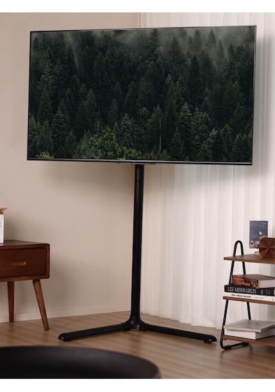 Şövalye Tipi Tv Standı 32-70 Inç V Tabanlı Modern Tasarım 70 Döner 40 Kg Taşıma Kapasiteli Siyah