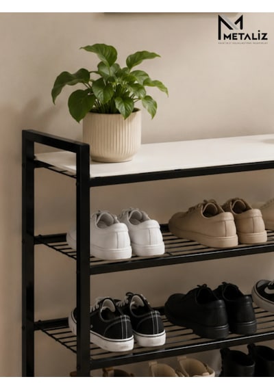 Loft 4 Katlı Siyah Metal Ayakkabılık, Ahşap Mdf Tablalı, Çok Amaçlı Ayakkabı Düzenleyici, 77x30x70 Cm Loft 4 Katlı Siyah Metal Ayakkabılık, Ahşap Mdf Tablalı, Çok Amaçlı Ayakkabı Düzenleyici, 77x30x70 Cm