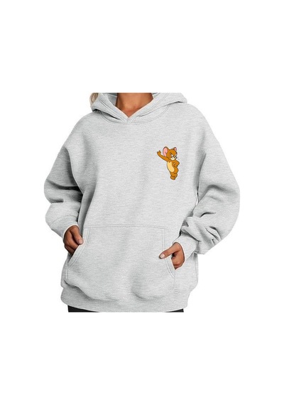 Jerry Baskılı Oversize Unisex Kapüşonlu Sweatshirt Gri