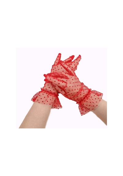Erturkstore Kısa Boy Güpürlü Kırmızı Puantiyeli Tül Eldiven Kırmızı Renk Renkli