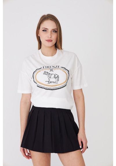 Sortie Collection Firenze At Baskılı Rahat Kalıp Basic Tişört Ekru