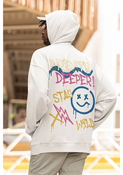 Breath Deeper Yazılı Unisex Oversize Tasarım Hoodie Beyaz
