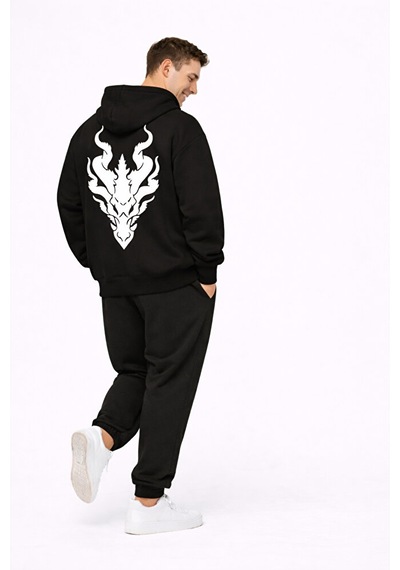 Unisex Ejderha Baskılı Beyaz Sevgili Kombini Oversize Hoodie Seti Siyah