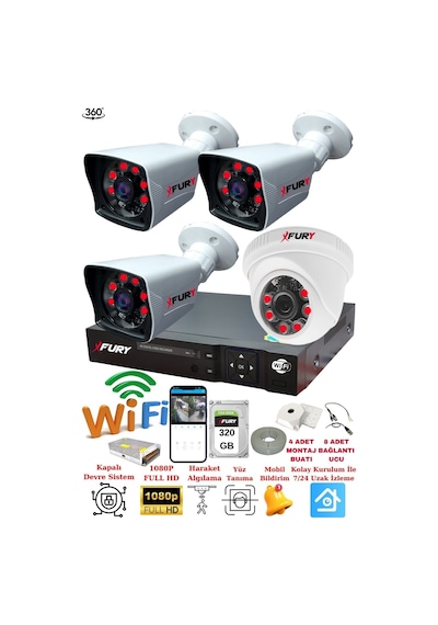 Fury 4 Kameralı 5mp 3.6mm Lens 2mp Görüntü 6 Atom Led Gece Görüşlü Fullhd Güvenlik Kamerası 5525di 320gb
