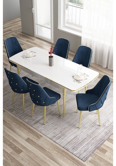 Canisa Tia Serisi 80x132 Açılabilir Mdf Beyaz Gold Detay Mutfak Masası Takımı Ve 6 Lacivert Sandalye Masa Beyaz Sandalye Lacivert Canisa Tia Serisi 80x132 Açılabilir Mdf Beyaz Gold Detay Mutfak Masası Takımı Ve 6 Lacivert Sandalye Masa Beyaz Sandalye Lacivert