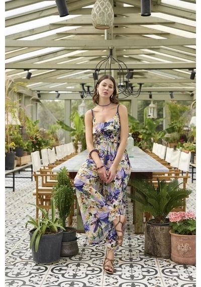 Angbutik Çiçek Ve Yaprak Desenli İp Askılı Tulum Mor